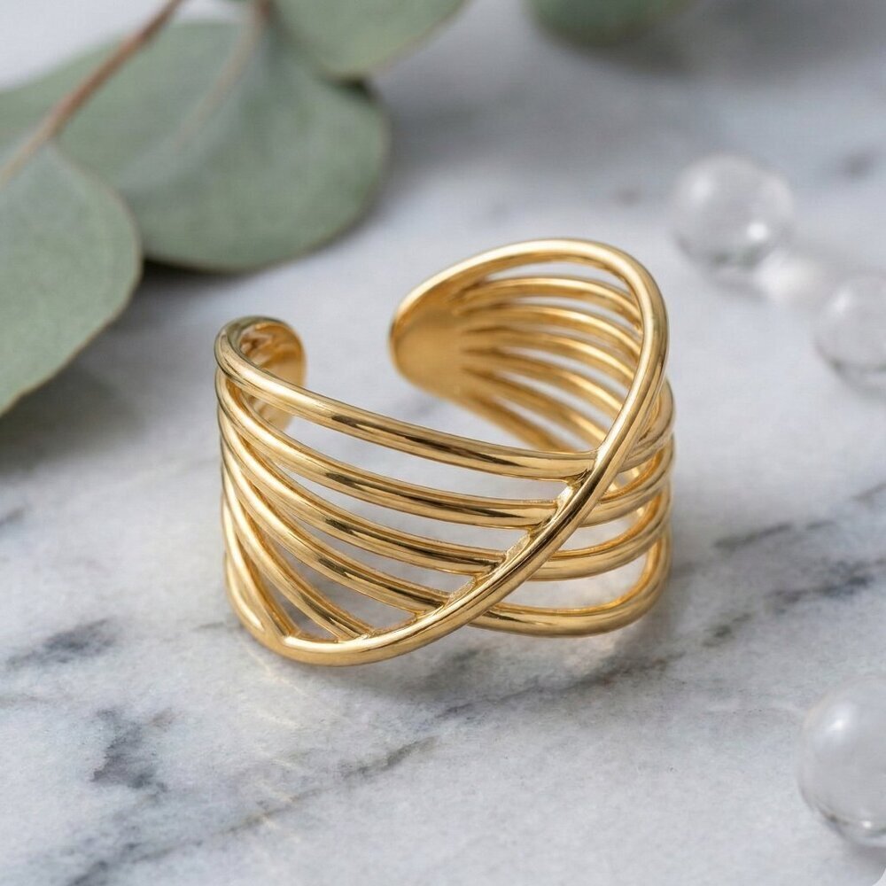 Modern Chic Crisscross Ring 18K Gold Plated Stainless Steel Adjustable Band